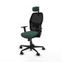 Chaise Alfera Synchro 4 positions tissu Vert foncé Maille Noir Base en nylon noir Accoudoir 1D Appui-tête 2D Roulettes 65mm nylon