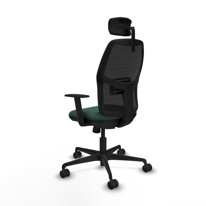 Chaise Alfera Synchro 4 positions tissu Vert foncé Maille Noir Base en nylon noir Accoudoir 1D Appui-tête 2D Roulettes 65mm nylon