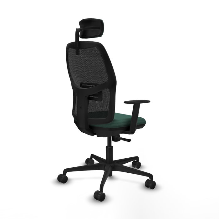 Chaise Alfera Synchro 4 positions tissu Vert foncé Maille Noir Base en nylon noir Accoudoir 1D Appui-tête 2D Roulettes 65mm nylon