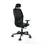 Chaise Alfera Synchro 4 positions tissu Vert foncé Maille Noir Base en nylon noir Accoudoir 1D Appui-tête 2D Roulettes 65mm nylon