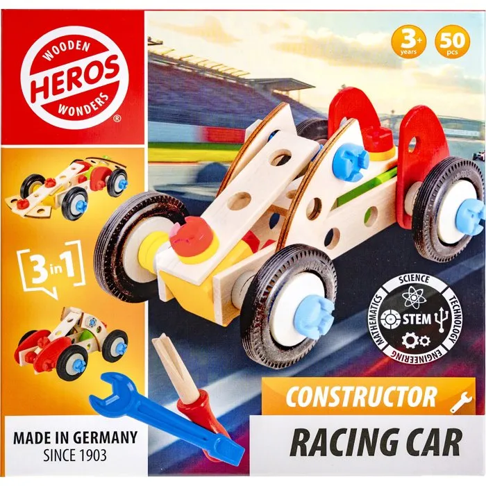 HEROS Constructor - Jeu de construction en bois 50 pièces - 3 modèles de voiture de course - Bois hêtre certifié FSC - À partir de 3 ans HEROS Constructor - Jeu de construction en bois 50 pièces - 3 modèles de voiture de course - Bois hêtre certifié FSC - À partir de 3 ans
