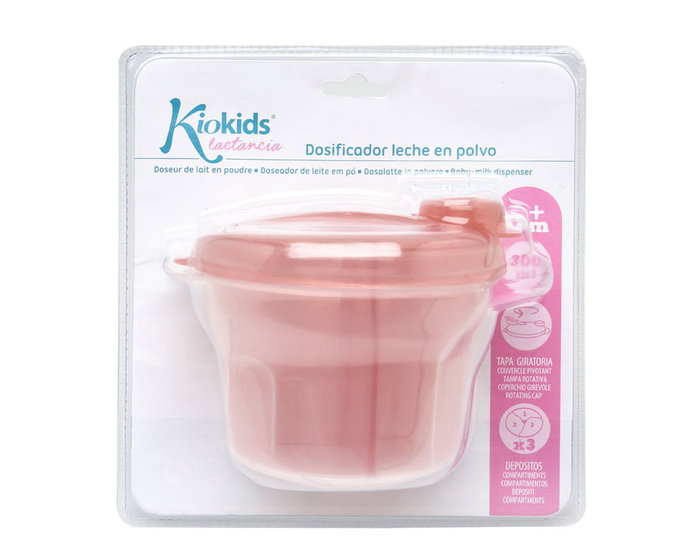 KioKids Dosificateur Rotatif de Lait en Poudre Soft Nordic Rosa 300 mL, 3 compartiments, pour biberons, snacks et stérilisation