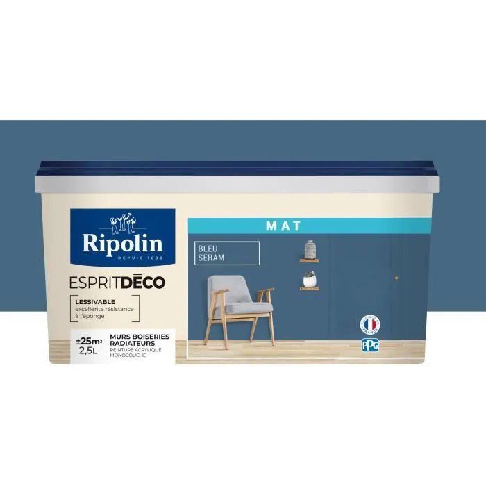 Ripolin Peinture Acrylique Mate Multi-supports Esprit Déco - Rendement 25 m² par pot - Intérieur - 2,5 Litres - Bleu