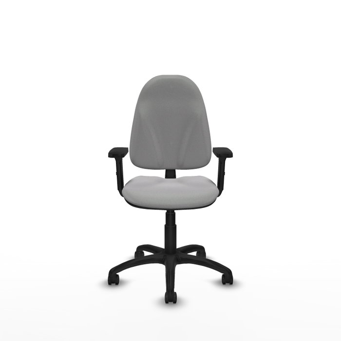 Chaise de bureau Algarra avec mécanisme Contact permanent de base, rembourrée de tissu gris clair. Équipée d'une base en polyamide noir, d'accoudoirs 2D et de roulettes pour parquet