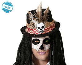 Sombrero Noir avec Crâne et Plumes pour Déguisement Catrina - Accessoire Thématique Dia de Muertos, Halloween, Fête Masquée