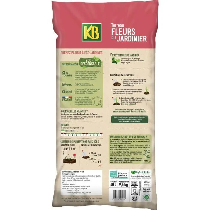 KB Terreau pour fleurs du jardinier 40 L - Pour massifs, croissance et floraison abondante, 0% tourbe, 100% naturel, fabriqué en France