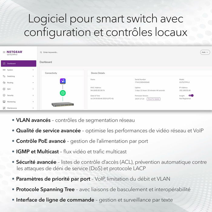 NETGEAR GS752TXUP - Commutateur réseau géré 48 ports Gigabit PoE+ avec 4 ports SFP+ 10G, rack 1U, budget PoE 640W