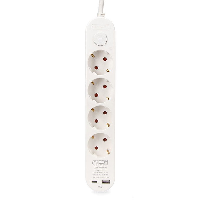 Edm Base multiple 4 prises Schuko avec interrupteur et 2 USB A+C, 1,5m, blanc 315x46x41 mm Edm Base multiple 4 prises Schuko avec interrupteur et 2 USB A+C, 1,5m, blanc 315x46x41 mm