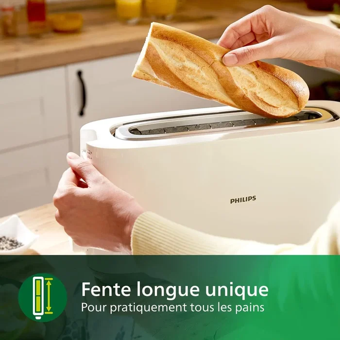 Philips Grille-pain HD2590/00 - 1 Fente Longue - 830W - Fonction Réchauffe-Viennoiseries Intégrée - Blanc - Collection Daily Petit Déjeuner