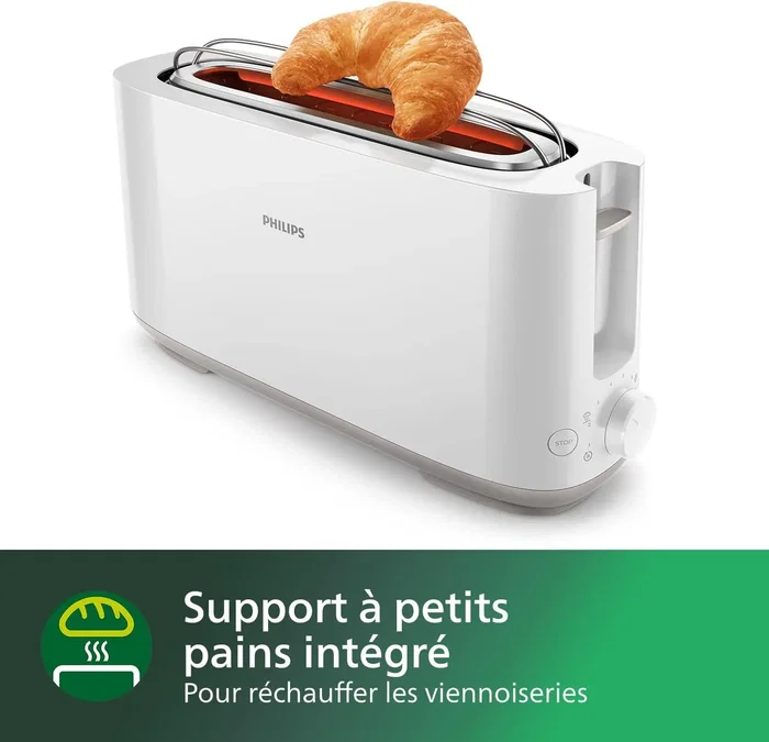 Philips Grille-pain HD2590/00 - 1 Fente Longue - 830W - Fonction Réchauffe-Viennoiseries Intégrée - Blanc - Collection Daily Petit Déjeuner