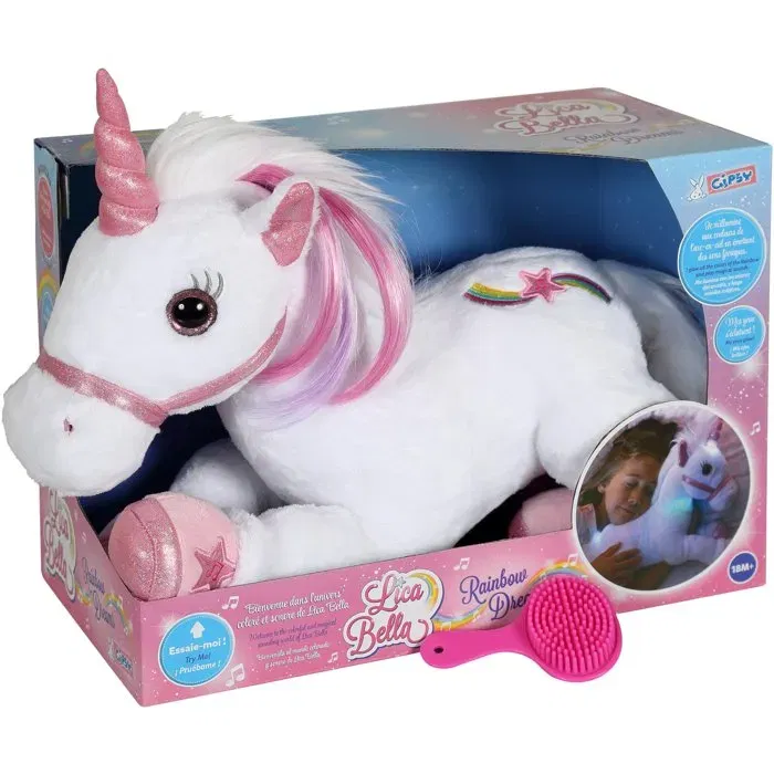 Gipsy Toys - Lica Bella - Peluche licorne interactive lumineuse 35 cm (Blanc et Rose) avec brosse et effets sonores féeriques