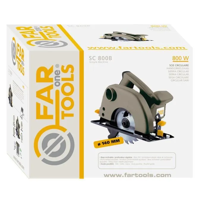 Fartools ONE SC 800B Scie circulaire 800 W avec lame 140 mm (24 dents) - Capacité de coupe 42 mm - Outil électrique vert et noir