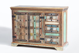 GINER Y COLOMER - Buffet armoire en bois recyclé avec portes et tiroirs, finition multicolore - 80x110x40 cm