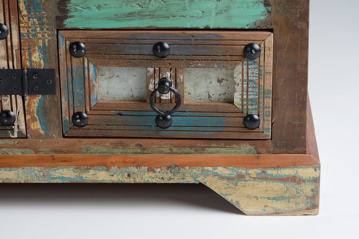 GINER Y COLOMER - Buffet armoire en bois recyclé avec portes et tiroirs, finition multicolore - 80x110x40 cm