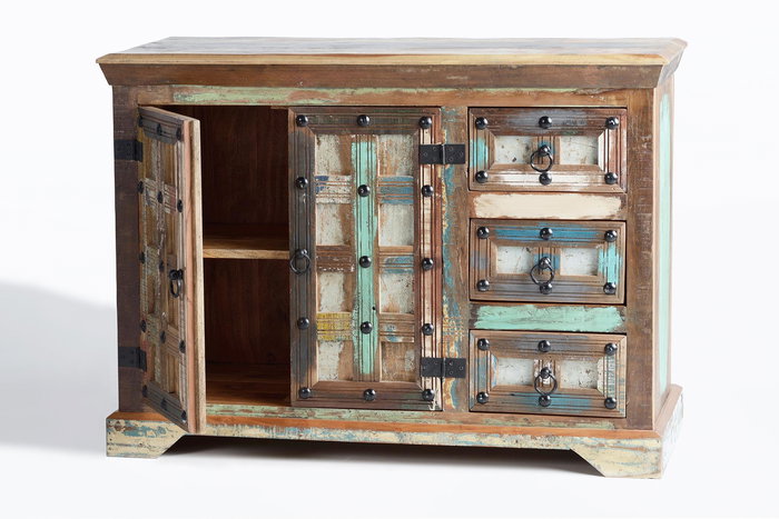 GINER Y COLOMER - Buffet armoire en bois recyclé avec portes et tiroirs, finition multicolore - 80x110x40 cm