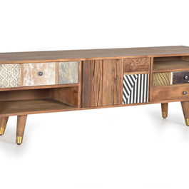 GINER Y COLOMER Meuble TV 160x50x40 cm en bois de mamelonnier couleur noyer clair avec 3 tiroirs et 2 portes, finitions bronze et cuir - 35 kg