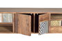 GINER Y COLOMER Meuble TV 160x50x40 cm en bois de mamelonnier couleur noyer clair avec 3 tiroirs et 2 portes, finitions bronze et cuir - 35 kg