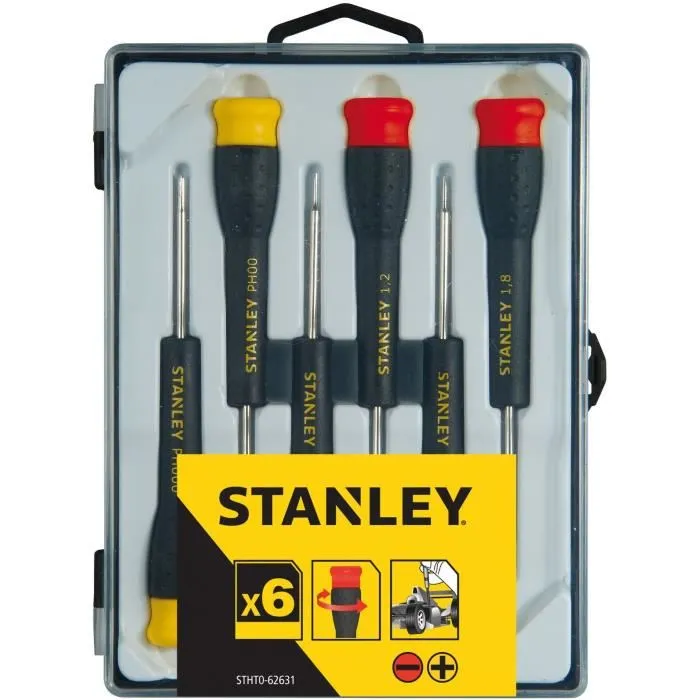 Stanley STHT0-62631 - Jeu de 6 Micro Tournevis de Précision - Fabrication Française - Embouts Fente (1,0/1,2/1,5/1,8mm) et Phillips (PH000/PH00) - Poignée Ergonomique
