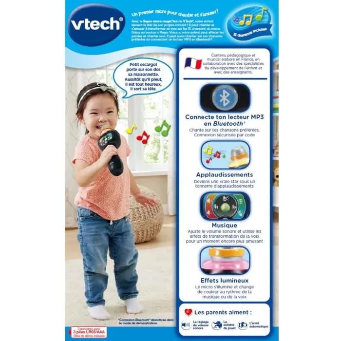 Vtech Super Micro Magic'Fun - Microphone Bluetooth pour enfants avec effets sonores et suppression de voix - Version française
