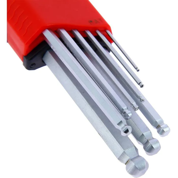 Powertrac - Jeu de 9 clés hexagonales coudées à tête sphérique Chrome Vanadium (1,5 à 10 mm) - Utilisation jusqu'à 30° d'inclinaison Powertrac - Jeu de 9 clés hexagonales coudées à tête sphérique Chrome Vanadium (1,5 à 10 mm) - Utilisation jusqu'à 30° d'inclinaison