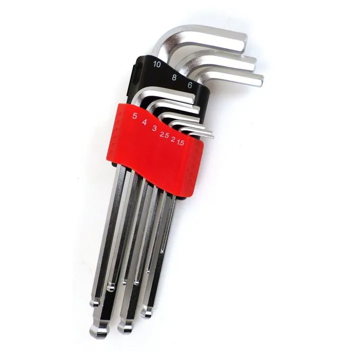 Powertrac - Jeu de 9 clés hexagonales coudées à tête sphérique Chrome Vanadium (1,5 à 10 mm) - Utilisation jusqu'à 30° d'inclinaison Powertrac - Jeu de 9 clés hexagonales coudées à tête sphérique Chrome Vanadium (1,5 à 10 mm) - Utilisation jusqu'à 30° d'inclinaison