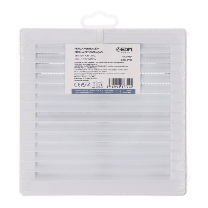 Edm Grille de ventilation carrée encastrable ajustable Ø 80-150 avec moustiquaire 170x170x11,5mm ABS blanc