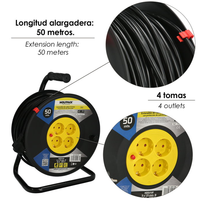 WOLFPACK LINEA PROFESIONAL Enrouleur industriel 50 mètres 3x1,5 mm avec réarmement WOLFPACK LINEA PROFESIONAL Enrouleur industriel 50 mètres 3x1,5 mm avec réarmement