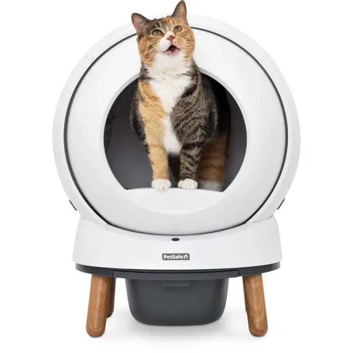 Petsafe SmartSpin - Litière autonettoyante connectée blanche pour chat, tonneau rotatif anti-accumulation, autonomie jusqu'à 2 semaines