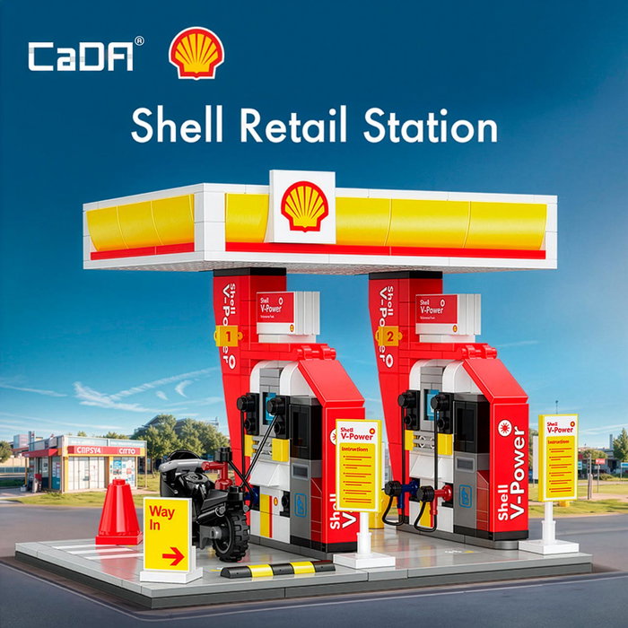CaDA Station-Service Shell 305 Pièces - Station de Distribution - Véhicule et Moto - Set de Construction - 6+