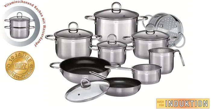 GSW Batterie de cuisine induction Alara en acier inoxydable 18/10, 14 pièces, couvercle verre trempé, poignées ergonomiques