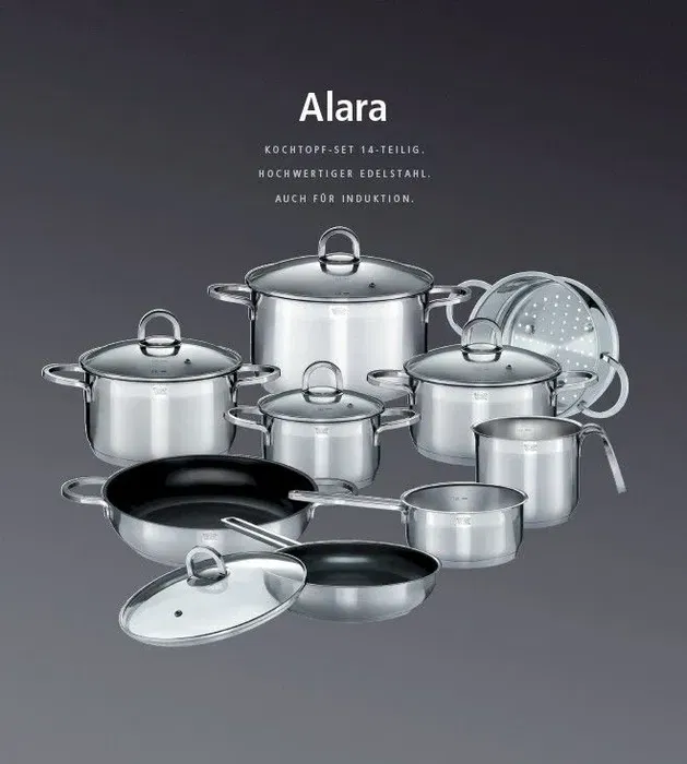 GSW Batterie de cuisine induction Alara en acier inoxydable 18/10, 14 pièces, couvercle verre trempé, poignées ergonomiques