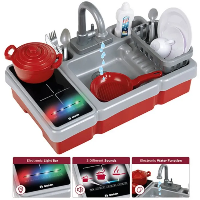 Bosch - Évier de cuisine jouet interactif avec plaque de cuisson électronique, robinet à pompe et accessoires - Référence 7110 - Pour enfants dès 3 ans