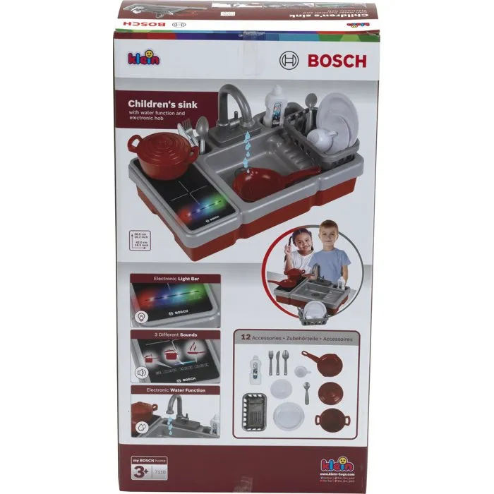 Bosch - Évier de cuisine jouet interactif avec plaque de cuisson électronique, robinet à pompe et accessoires - Référence 7110 - Pour enfants dès 3 ans