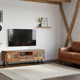 GINER Y COLOMER Meuble TV 2 portes et 2 tiroirs en bois massif recyclé avec pieds en fer, coloris multicolore - 160x54x40 cm