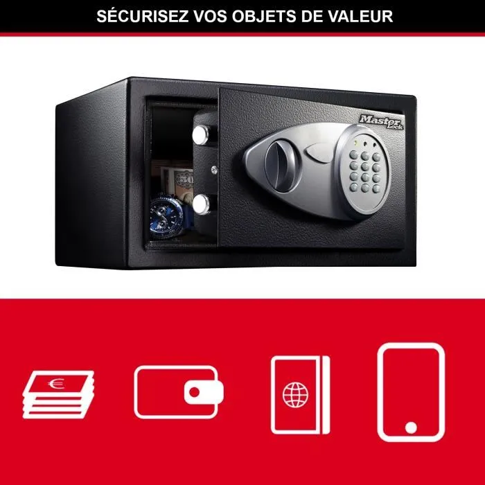 Master Lock - Coffre-fort à serrure électronique programmable X041ML, 11 litres, Noir/Gris métallisé, pour bijoux et documents - Kit d'ancrage inclus
