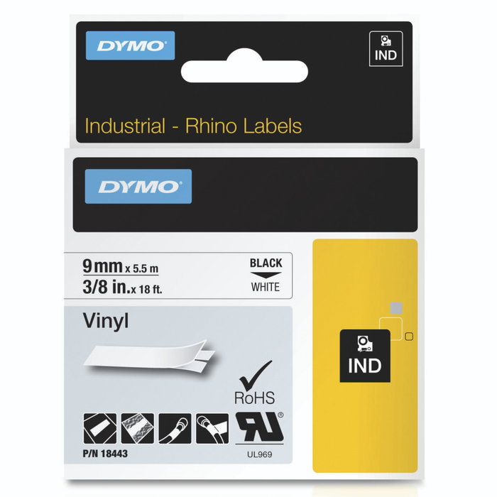 Dymo Ruban d'étiquetage Rhino en vinyle 9mm x 5,5m noir sur blanc Dymo Ruban d'étiquetage Rhino en vinyle 9mm x 5,5m noir sur blanc