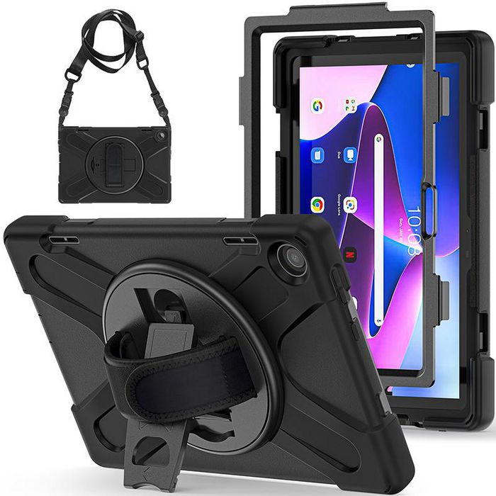 Lenovo TAB M10 (3e génération, 2022) - Coque de protection Defender AUSTIN pour tablette 10,1" (TB-328FU/TB-328XU) avec support rotatif 360°, sans verre frontal - Noir