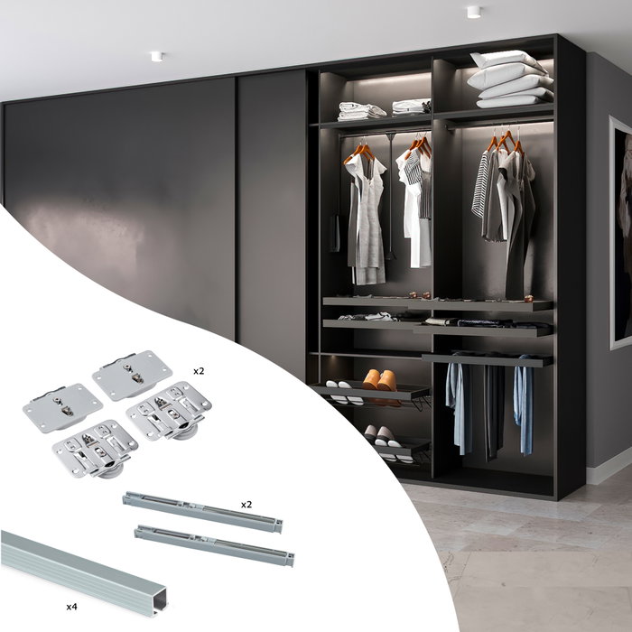 Emuca Kit de ferrures pour Flow 2 portes coulissantes et armoire à fermeture souple avec rails encastrés 2,35m, panneaux non inclus, Anodisé mat Emuca Kit de ferrures pour Flow 2 portes coulissantes et armoire à fermeture souple avec rails encastrés 2,35m, panneaux non inclus, Anodisé mat