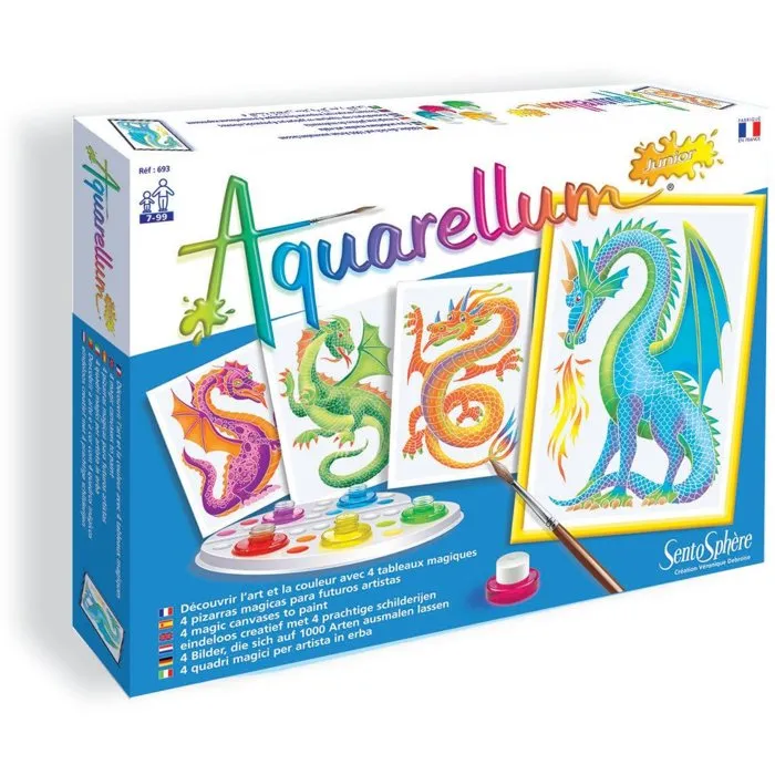 Sentosphere Aquarellum Junior - Kit de Peinture Aquarelle sur Papier Vélin avec Sertissage - Dragons - 5 Couleurs - Activité Artistique pour Enfants dès 7 ans