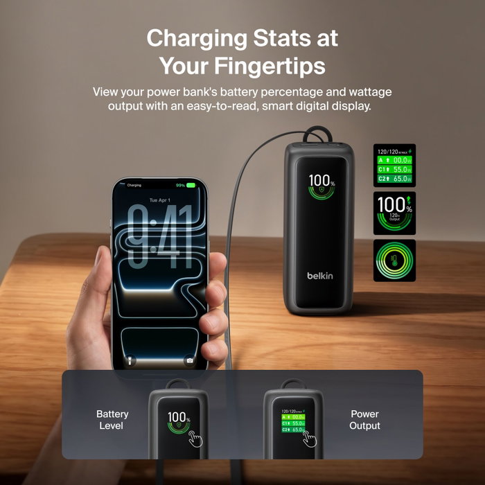 Belkin PB Display PD120W Noir 22000mAh avec Câble Rétractable