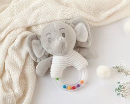 KioKids Peluche Elefante Dolci Amici Sonajero Gris 18 cm, Jouet d'éveil et de réconfort pour bébé dès 0 mois, Matière Polyester