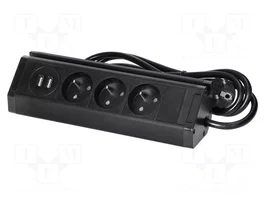 VIRONE FS-15/B Bloc multiprise de meuble noir, 3 prises et 2 ports USB