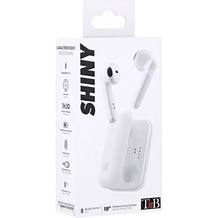 TNB SHINY - Écouteurs intra-auriculaires sans fil Bluetooth 5.0 TWS, autonomie 25h avec boîtier de charge, contrôle tactile, blanc