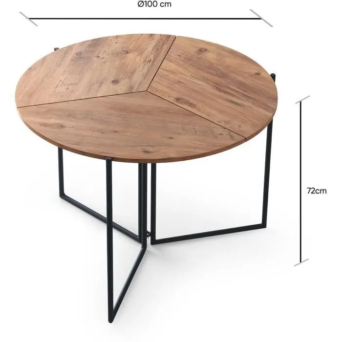 Table à manger pliante Yaprak en pin Atlantique ronde pour 4 personnes, 100x100x72 cm, plateau mélamine noir, pieds métalliques