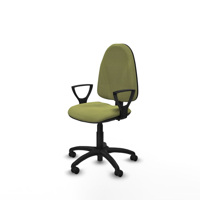 Chaise de bureau Algarra avec mécanisme à double poignée à contact permanent, recouverte de tissu vert olive. Équipée d'une base en polyamide noir, d'accoudoirs fixes et de roulettes autobloquantes