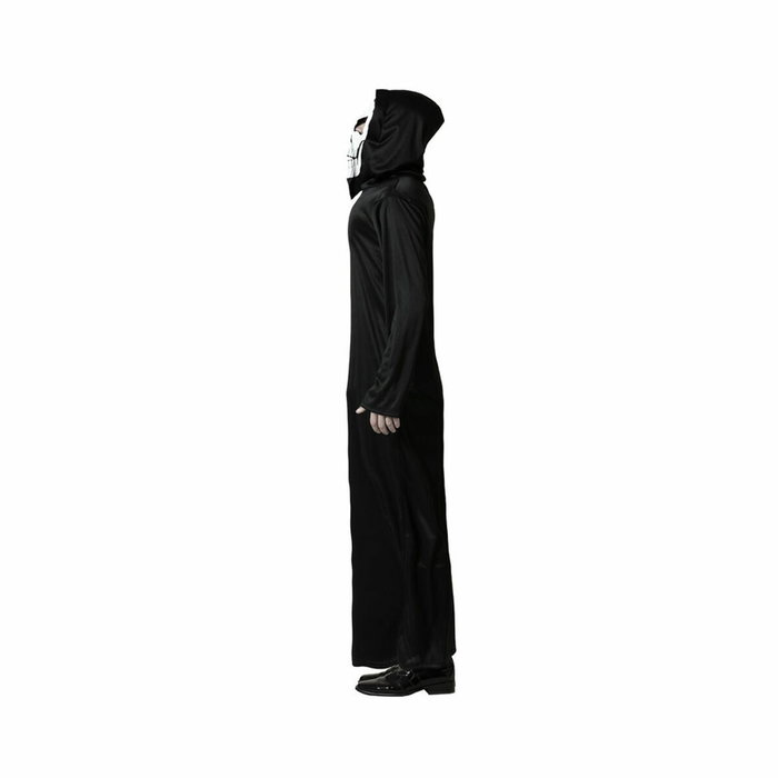 Déguisement d'homme adulte sombre avec tunique noire et capuche intégrée