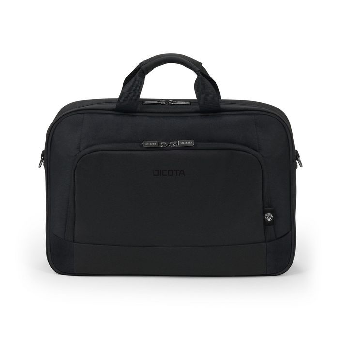 Dicota Eco Top Traveller BASE, Sacoche pour Ordinateur Portable 13-14.1", en Polyester rPET 300D Recyclé, Noir, Compartiment Rembourré et Bande de Fixation Chariot