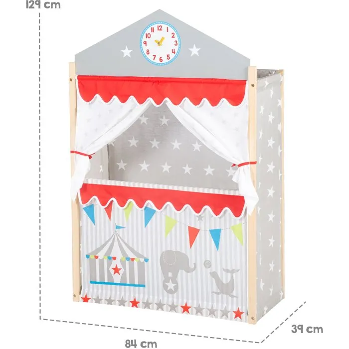 ROBA Théâtre de Marionnettes en Bois Massif et Tissu - Cadre Gris/Rouge avec Horloge à Aiguilles et Rideaux - Décors Cirque ROBA Théâtre de Marionnettes en Bois Massif et Tissu - Cadre Gris/Rouge avec Horloge à Aiguilles et Rideaux - Décors Cirque