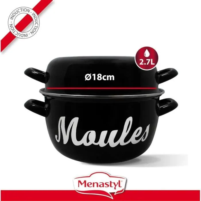 Marmite à moule Menastyl 3645563 - En acier émaillé noir 18 cm, pour tous feux dont induction, avec couvercle réversible
