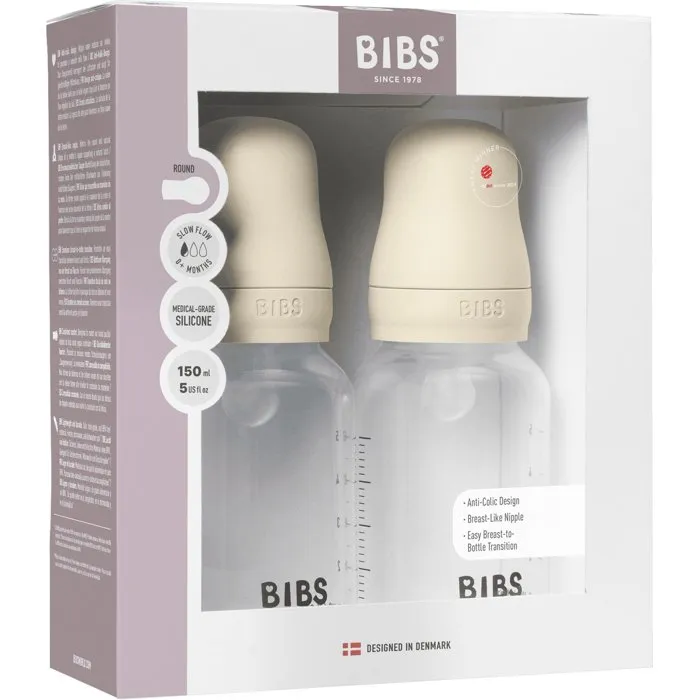 Bibs Pack de 2 biberons 150 ml, tétine silicone débit lent, Ivory